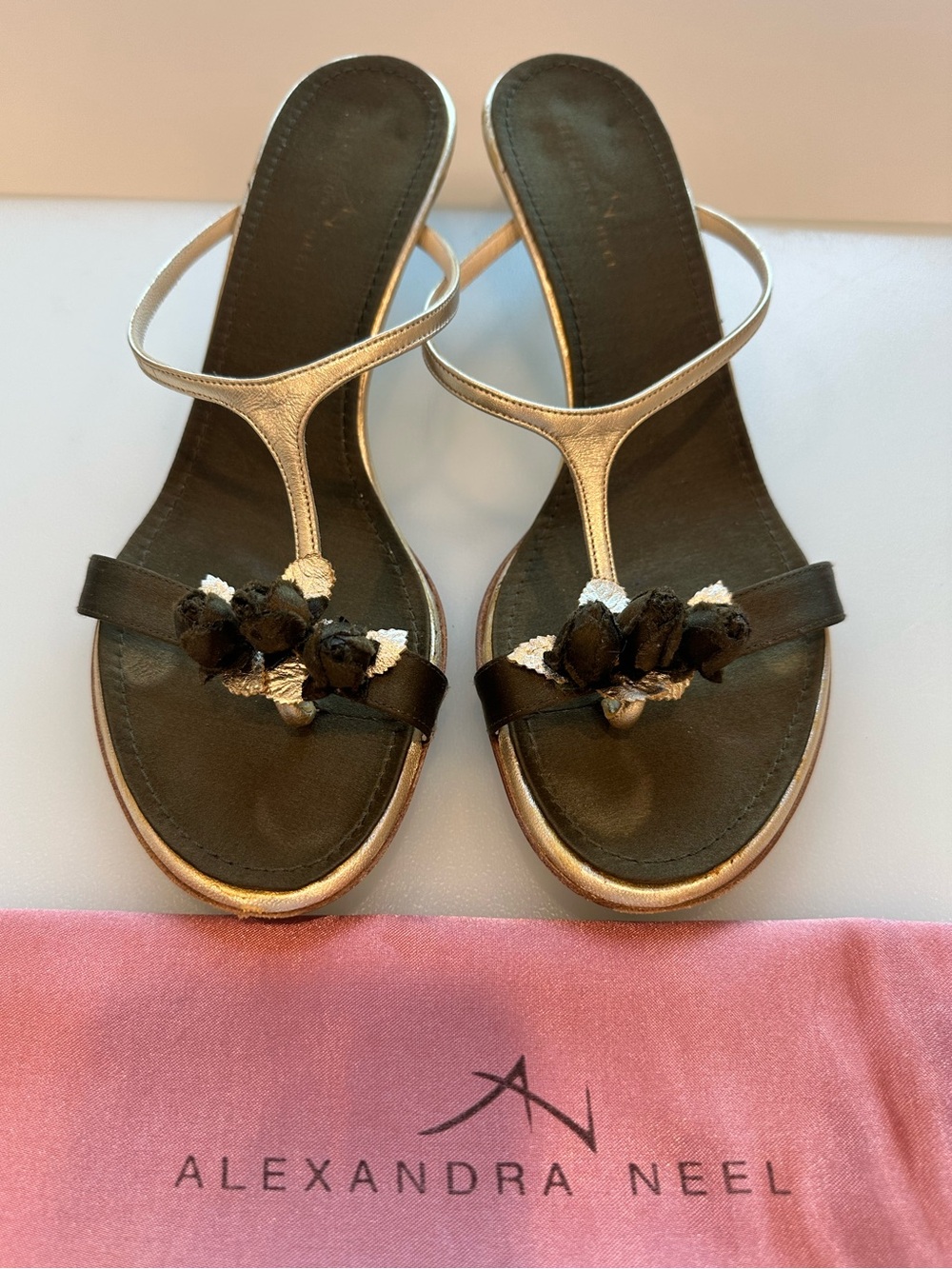 AUTHENTIC ALEXANDRA NEEL Gold Olive Satin Floral Thong Sandals
